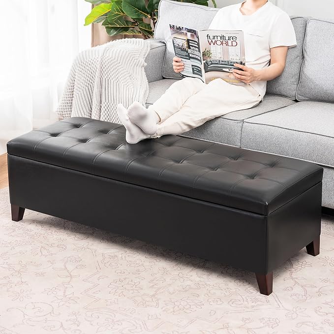 Joveco Storage Ottoman Bench, 51 Inch Leather Tufted Upholstered Bench for End Foot of Bed, Bedroom, Living Room, Black-Ruum Studio Home
