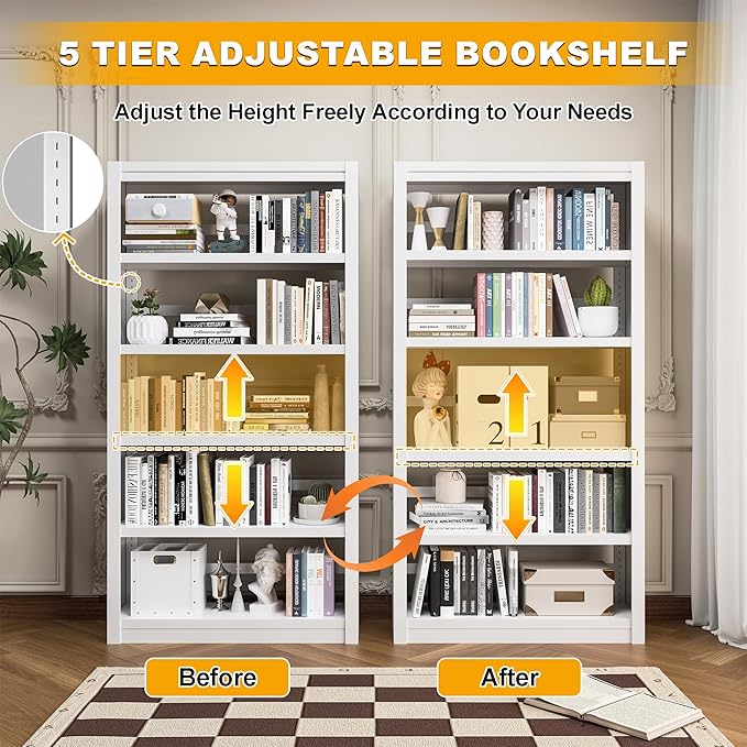 Bookshelf, 5 Tier Bookshelf with Adjustable Shelves, 69" H Tall Bookcase, Metal Bookshelves and Heavy Duty Bookcases for Living Rooms, Home Offices, Library, 10 Minutes Assemble-Ruum Studio Home