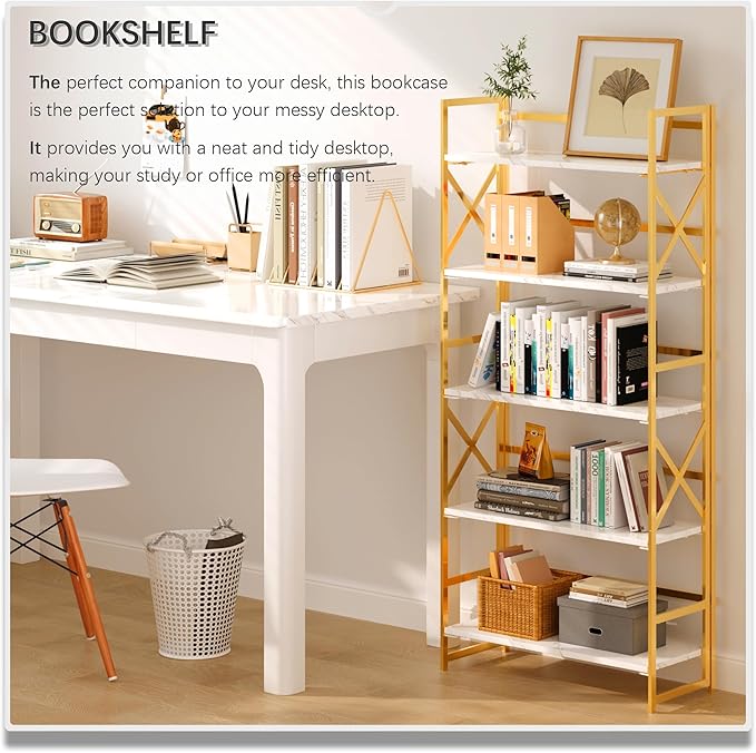 4NM 5 Tiers No Assembly Book Shelves, 51.2" H Folding Bookshelf Bookcase Open Industrial Foldable Shelves for Bedroom, Living Room, Home Office - White Gold-Ruum Studio Home