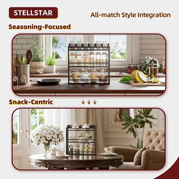 3 Tier Bamboo Wood Spice Rack, Seasoning Bottles Jars Organizer Shelf for Spices or Craft Supplies, Kitchen Counter or Wall Mounting (Brown)-Ruum Studio Home