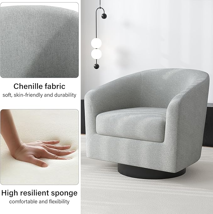 Swivel Barrel Accent Chair, Modern Round Chenille Fabric Arm Chair for Living Room, Bedroom, Comfy Club Reading Chairs for Adults（Chenille Fabric, Light Grey, Set of 1-Ruum Studio Home