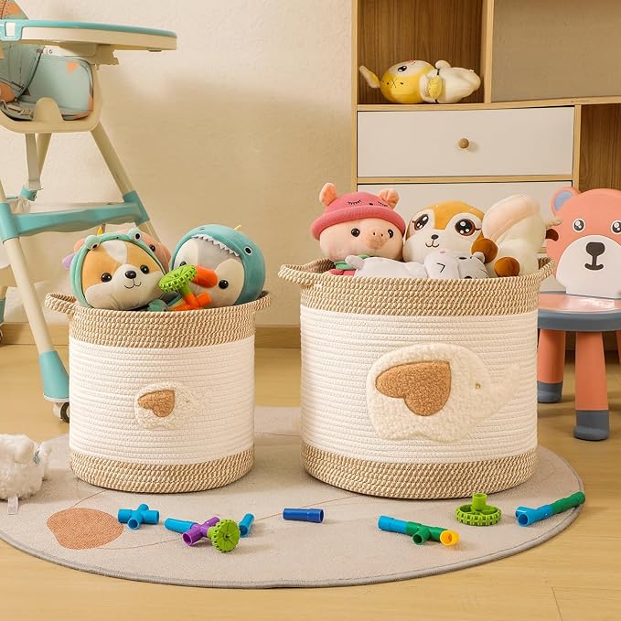 Large Blanket Baskets for Living Room Decor, Toy Storage Baskets Woven Cotton Rope Storage Basket for Kids, Dog Toys Organizer Clothes Hamper with Embroidery Decor for NurseryLaundry (Large, Elephant)-Ruum Studio Home