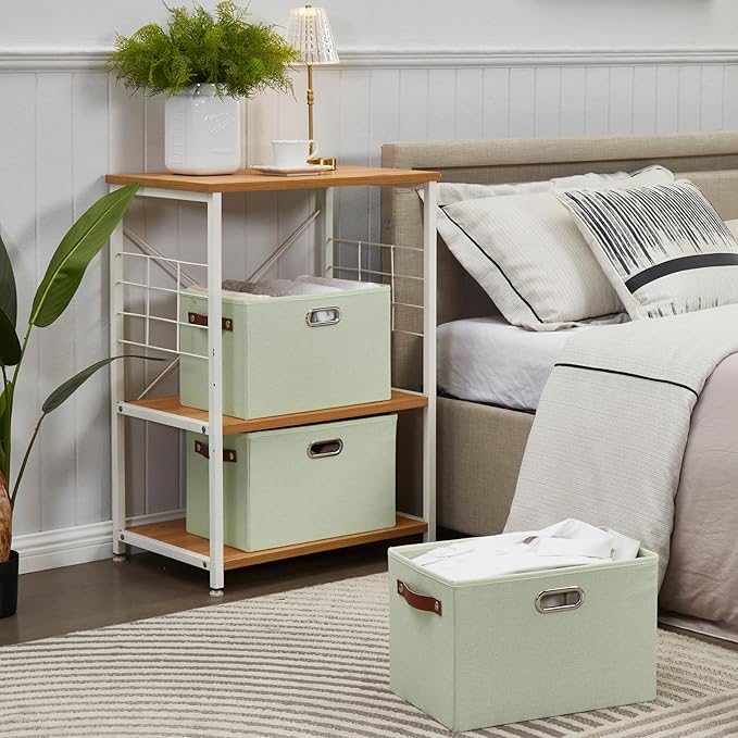 Large 3-Pack Foldable Fabric Storage Bins with Durable PU & Metal Handles, Collapsible Storage Baskets for Shelves, Home Storage, Closet Organizers, Living Room(14.9"x9.8"x9.8", Sage Green)-Ruum Studio Home