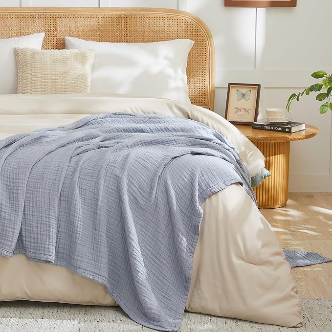 EMME Cotton Muslin Throw Blanket Couch Breathable Gauze Blanket Soft Lightweight Blankets Adults (Dusty Blue, 50"x60")-Ruum Studio Home