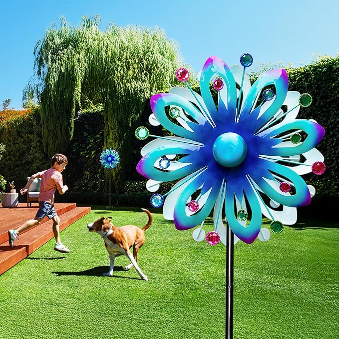Solar Wind Spinners, 60.63" Outdoor Metal Stake Yard Wind Sculpture,Solar Powered Multi-Color LED Glass Ball with Kinetic Wind Spinners for Yard and Garden Lawn Patio Decor-Ruum Studio Home