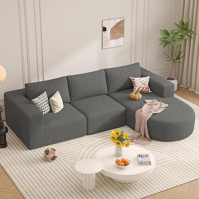 Modular Sectional Sofa with L-Shape Chaise,Cloud Sectional Modern Sleeper Couch with Deep Seat,Sponge Compression Sofas No Assembly Required(Gray-Corduroy Fabric) 1PCS-Ruum Studio Home
