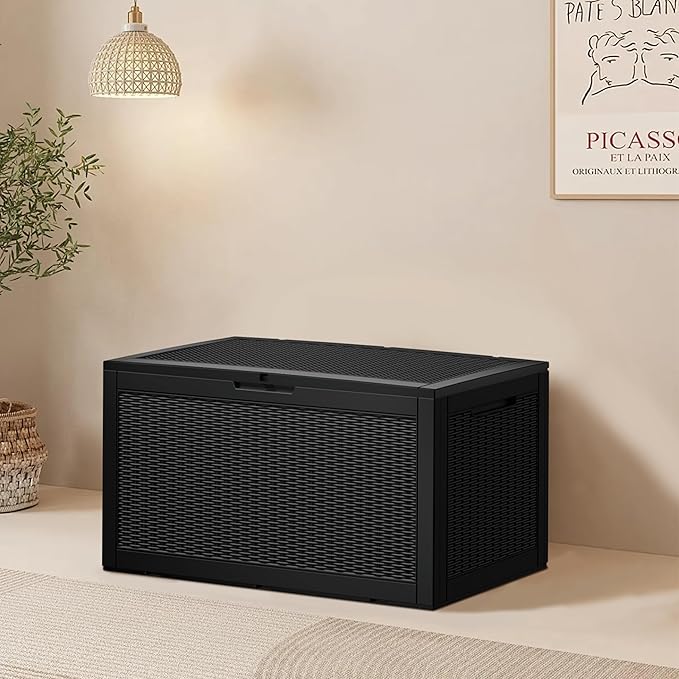 100 Gallon Resin Deck Box, Waterproof Outdoor Storage Bin for Patio Furniture, Pool Accessories, and Garden Tools, Lockable & UV-Resistant, Black-Ruum Studio Home