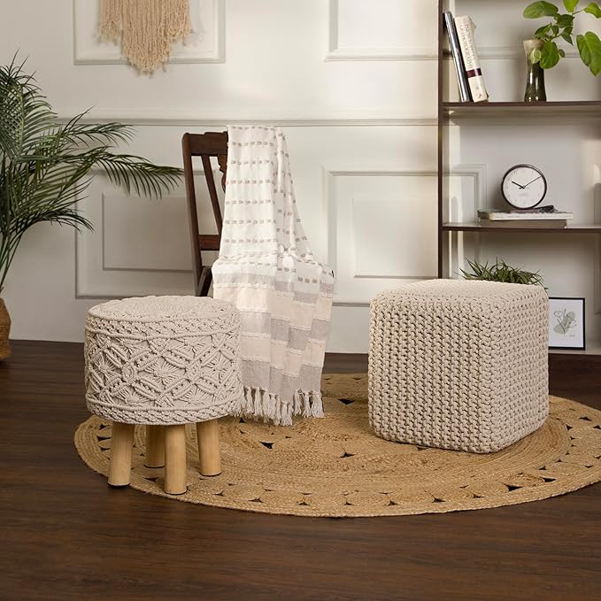 REDEARTH Square Pouf Ottoman Foot Stool - Hand Knitted Bean Bag - Cord Boho Pouffe - Accent Poof for Living Room - Nursery - Bedroom - Kids Bedroom - Patio - 100% Cotton (16" x 16" x 16") - Ivory-Ruum Studio Home