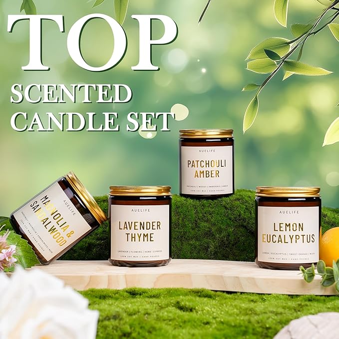 4 Pack Scented Candles Set | Scented Candles for Home, Candle Gifts for Women Men, Soy Candle for Home, Aromatherapy Gift of Amber Patchouli/Lemon Eucalyptus/Lavender/Sandalwood-Ruum Studio Home