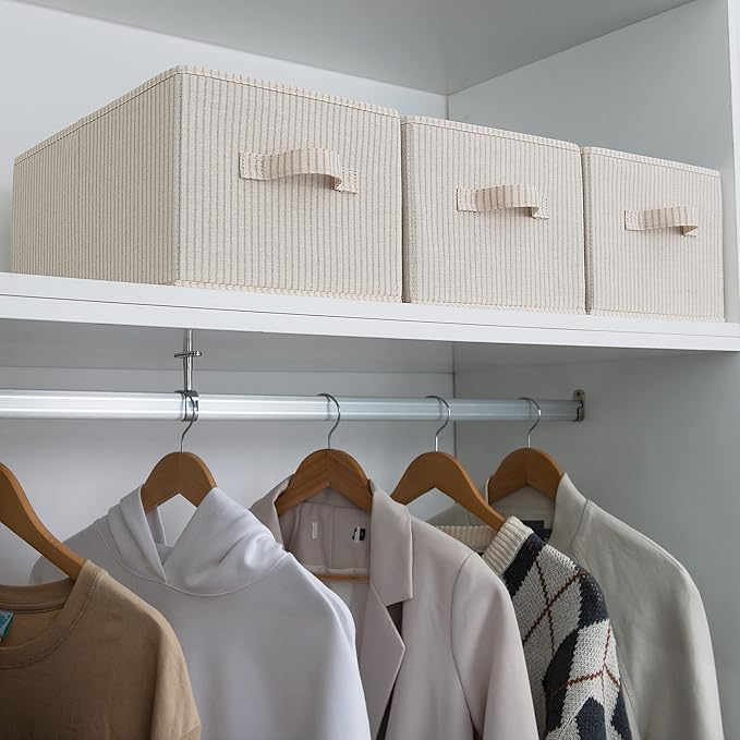 StorageWorks Storage Baskets for Shelves, Foldable Fabric Closet Storage Bins with Handles, Fabric Storage Bins Clothes Organizer, Beige Stripes, 3-Pack, Large-Ruum Studio Home