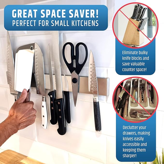 Strong Adhesive (No Drill) Magnetic Knife Holder for Wall - Professional 17 Inch Knife Strip - No Screws Needed - Adhesive Backing - Stainless Steel Knife Bar (Upgraded Version – Will Not Fall)-Ruum Studio Home