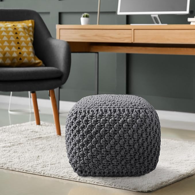 Casafield Square Pouf Ottoman, Dark Gray 18.5" W x 18.5" D x 14.5" H Cotton Knit Foot Stool - Boho Floor Pouffe for Living Room, Bedroom, Home Office-Ruum Studio Home