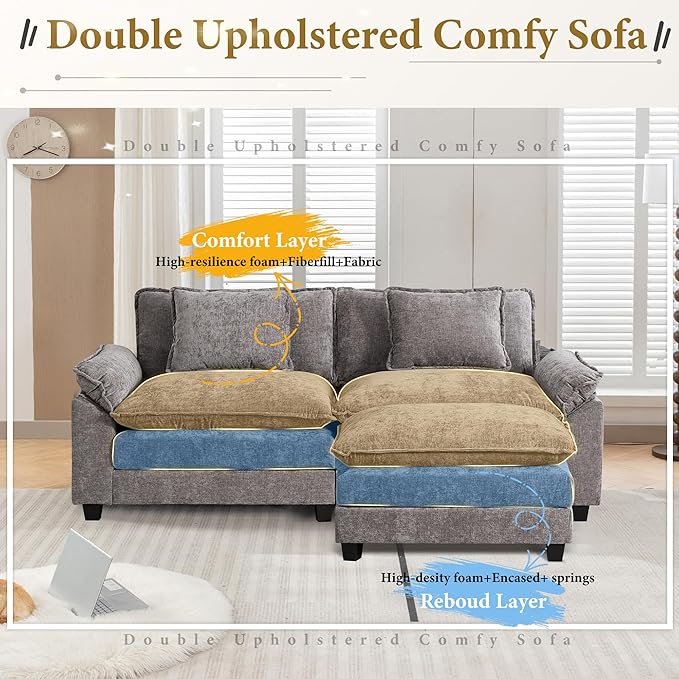 URRED Modular Sectional Sofa Comfy Cloud Couch, Modern Chenille Sofa Sleeper Deep Seat Couches with Ottoman/Pillows for Living Room (Gray, 82.6''- L Shape)-Ruum Studio Home