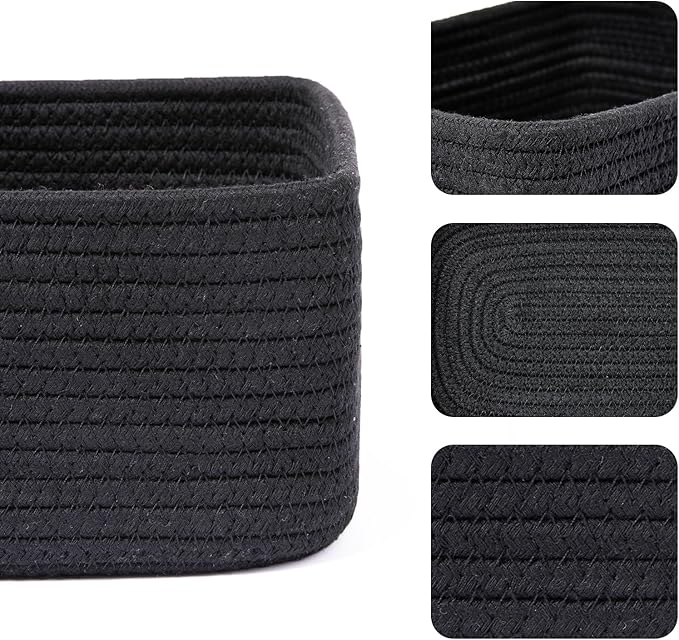 Small Storage Baskets for Organizing | Closet Organizer Bins | Shelf Toy Basket | Woven Rope Baskets | Cube Decorative Box | Shallow Basket | 11.5x7.5x4.7” | 3 Packs Black-Ruum Studio Home