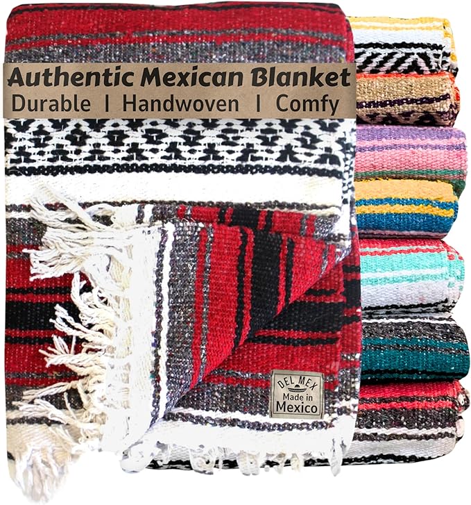 Del Mex Classic Mexican Blanket, Large Authentic Woven Falsa Throw (70"x50"), Artisan Southwest Décor for Beach, Yoga, Outdoors (Red)-Ruum Studio Home