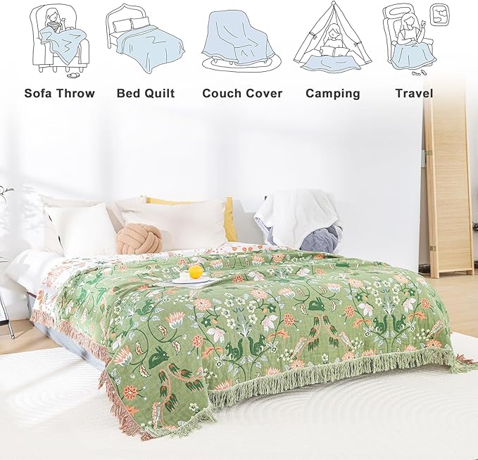 MSGKV Cotton Bed Blanket for Couch and Sofa Blankets for Living Room Bedroom Reversable Florals and Animals Throw 80"x90" Breathable Cozy Boho Blankets-Ruum Studio Home