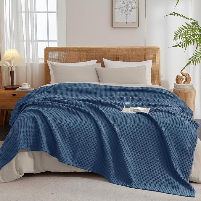 PHF Ultra Soft Waffle Weave Blanket Twin Size 66"x 90"- Washed Lightweight Breathablee Cozy Woven Blanket - Great for Couch Bed Sofa Home Car - Navy Blue-Ruum Studio Home