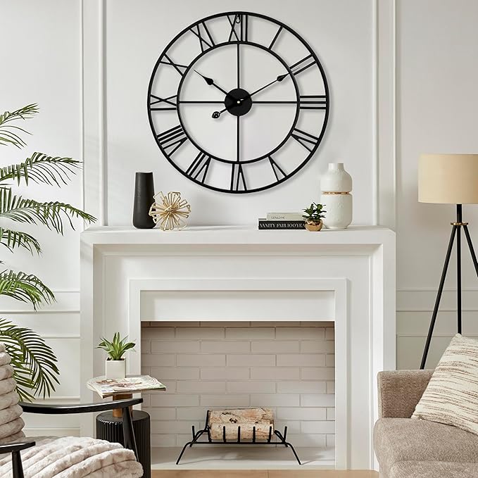 CLXEAST Silent 24 Inch Wall Clocks for Living Room Decor, Large Black Metal Roman Numeral Wall Clocks for Modern Farmhouse Home Decor,House Warming Gifts New Home-Ruum Studio Home