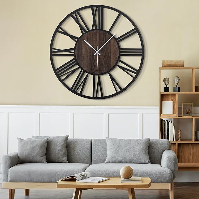 LEIKE 32" Oversized Large Wall Clocks,Silent,Non Ticking,Battery Operated Modern Round Big Wood Decorative Metal Wall Clock for Living Room, Bedroom,Kitchen,Farmhouse,Office Decor - Black,32 Inch-Ruum Studio Home
