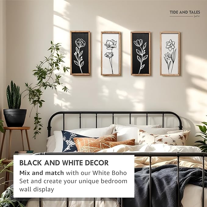 3D Black and White Wall Art (Set of 2) Lightweight, Wooden Ready-to-Hang Framed Floral Wall Art for Bathroom, Bedroom, Living Room or Office – Boho Botanical Farmhouse Decor – Gift-Boxed-Ruum Studio Home