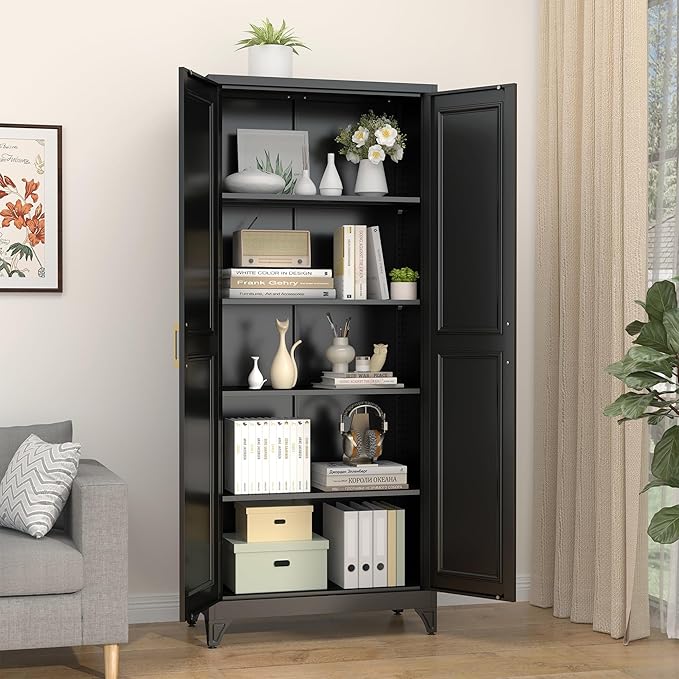 Kitchen Pantry Cabinet,75”Black Metal Storage Cabinets with Doors and 4 Adjustable Shelves,Kitchen Cabinet with 2 Gold Handles,Tall Cabinet for Livingroom, Bathroom-Ruum Studio Home