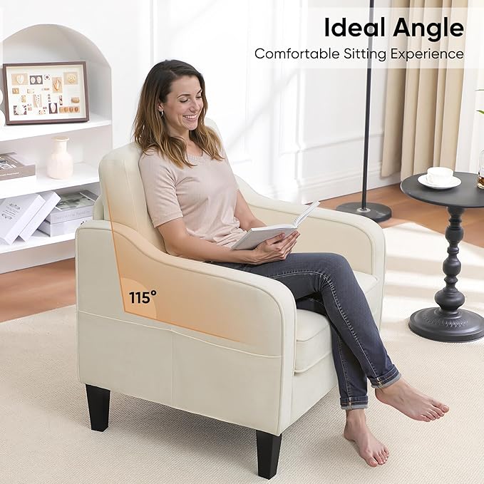 Accent Chair for Living Room, Mid Century Modern Reading Chair for Bedroom, Upholstered Armchair with Side Pockets, Comfy Single Sofa Side Chair for Office, Apartment, Small Room, Beige-Ruum Studio Home