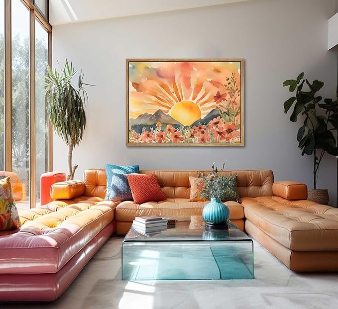 Framed Boho Sun Canvas Wall art Mid-Century Modern Abstract Bohemian Sunset in The Mountains Watercolor Wildflowers Sunrise Landscape Picture Wall Decor Poster Print Artwork for Living Room-Ruum Studio Home