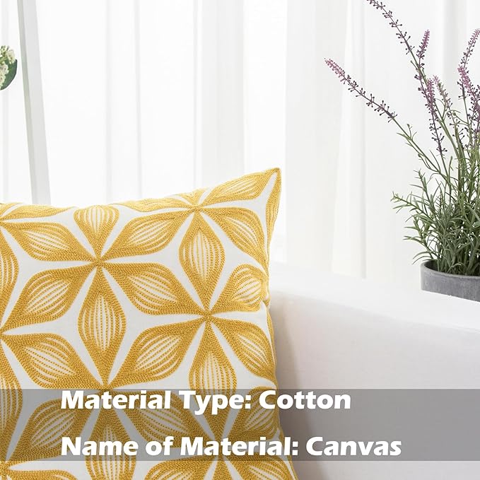 HWY 50 Yellow Decorative Throw Pillow Covers 18x18 Inch (1 Piece), Embroidered Cotton Farmhouse Cushion Cover Pillow Case for Sofa Couch Living Room Bed, Fashion Geometric-Ruum Studio Home