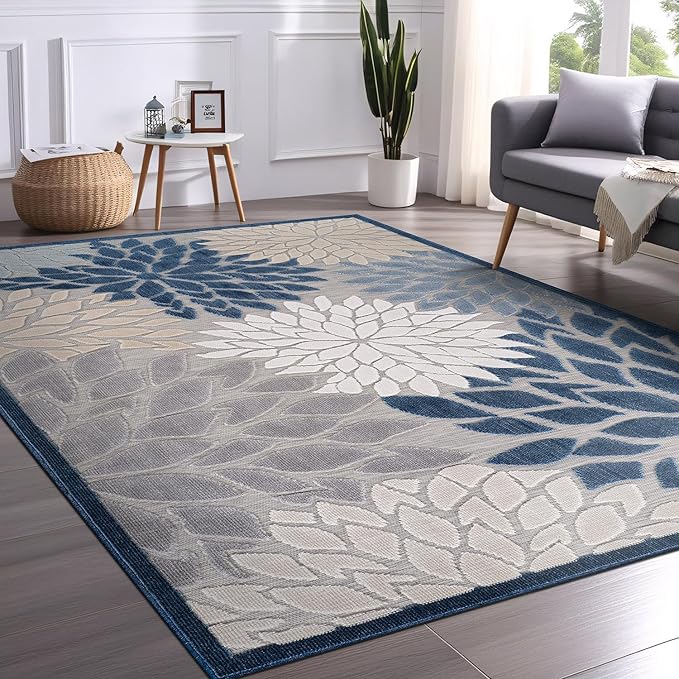 Beverly Rug Outdoor Rug 6x9 Modern Floral Tropical Area Rugs for Indoor and Outdoor Patio Easy to Clean Non Shedding Living Room Porch Garden Washable Outside Carpet (6 x 9 Blue)-Ruum Studio Home