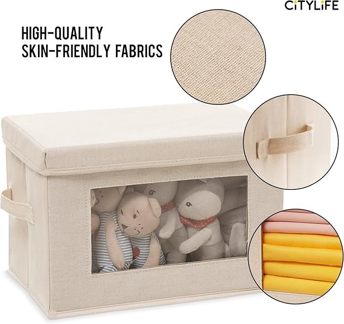 Citylife 3 Pack Storage Bins with Lids, Fabric Foldable Storage Bins with Soft Cord Handles, Canvas Storage Bin with Lid for Organizing Clothes, Blankets and Books, Beige-Ruum Studio Home