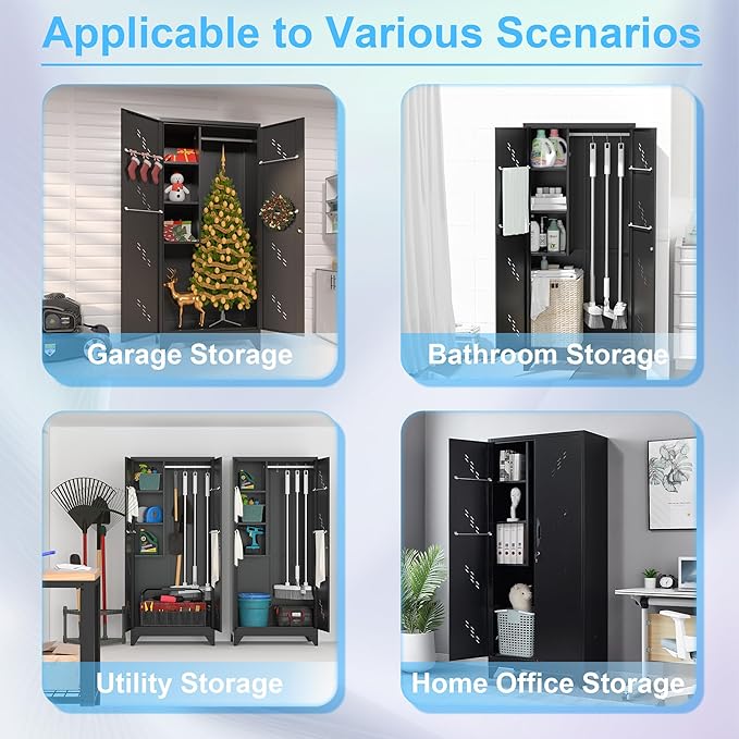 Metal Storage Cabinet with Lock Door, 75" Tall Garage Storage Cabinet with Hanging Rod, Broom Closet Bathroom Storage Cabinet, Cleaning Tool Cabinet-Ruum Studio Home
