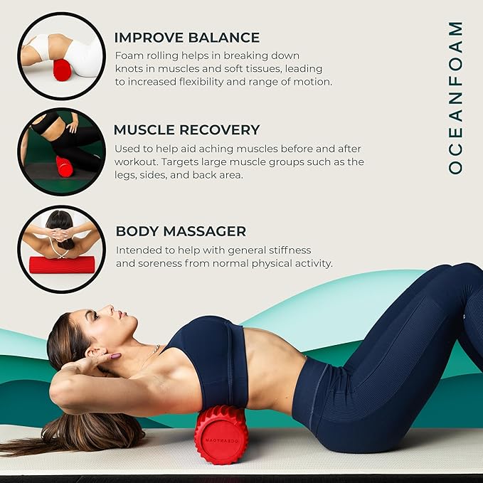 Oceanfoam Tidal Roller - Red - Muscle Massage Foam Roller for Back Pain & Stretching - Firm and Ergonomic Wide Wave Textured - Yoga, Athletics, & Wellness - Full Size, 20" x 5"-Ruum Studio Home