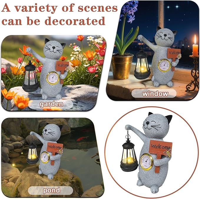 Solar Cat Outdoor Statues for Garden-Creative Thermometer-Lantern-Welcome Sign, Suitable for Yard Art, Lawn Ornaments, Porch, Terrace, Alcove, Home, House Outdoor, Cat Garden Decoration-Ruum Studio Home