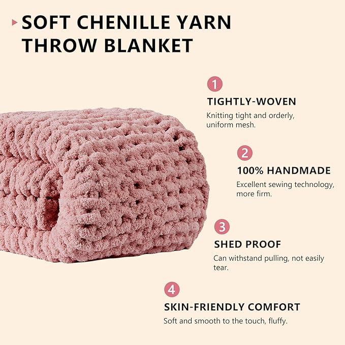 L'AGRATY Chunky Knit Blanket Throw: 80''x90'' Chenille Chunky Knitted Throw Blanket for Bed Couch - Handmade Thick Big Cable Knit Blanket - Large Chunky Crochet Blanket for Home Decor(Rose Pink)-Ruum Studio Home
