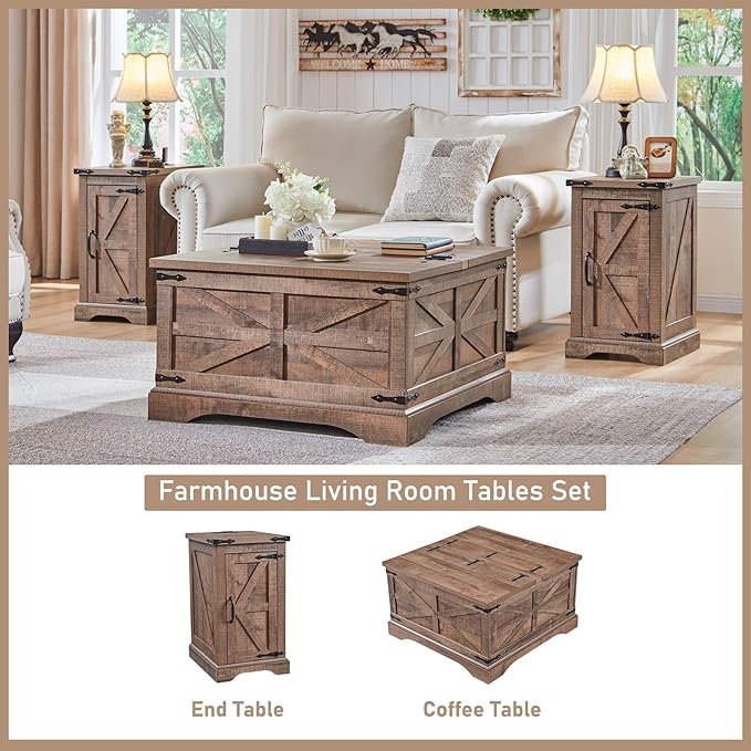 JXQTLINGMU Farmhouse Nightstand Set of 2 with Charging Station, 17"D Rectangular End Table with Barn Door & Adjustable Storage Shelf, Wood Rustic Sofa Side Table for Living Room, Bedroom, Light Brown-Ruum Studio Home
