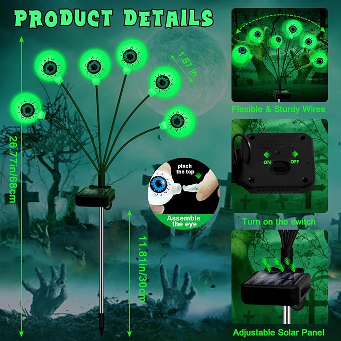 Solar Halloween Decorations, 4 Pack 24 LED Spooky Eyeball Lights, Outdoor Waterproof Solar Green Firefly Lights for Garden Yard Patio Pathway Lawn Halloween Party-Ruum Studio Home