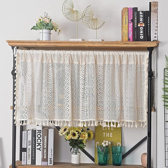 Sutuo Home Boho Sheer Curtain Valance Tier Crochet Lace with Bohemian Hollow Knitted Handmade Tassels, Short Farmhouse Window Treatment for Kitchen Cafe, Rod Pocket, 1 Panel 59" W x 36" L, Beige-Ruum Studio Home