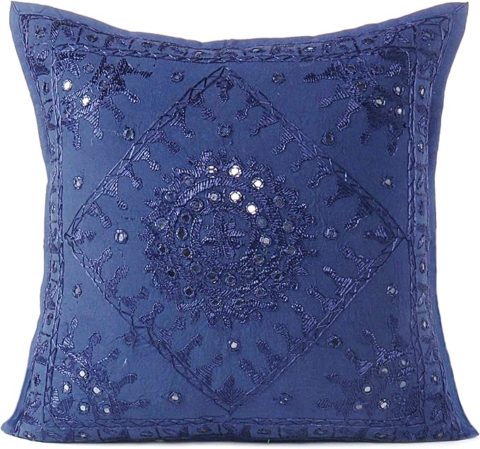 Eyes of India Embroidered Decorative Boho Throw Pillow Cover with Mirrors, Handmade Bohemian Accent Cushion Case for Sofa Couch Bedroom Living Room (Blue, 24" x 24")-Ruum Studio Home