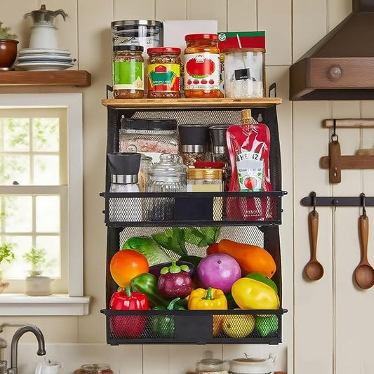 2 Tier Stackable Hanging fruit basket for kitchen counter,hanging Wall baskets with Bamboo Tops & Tag,Wire basket for Cabinet Shelf Countertop Pantry Organizer Bins, onion potato Vegs Bread Organizing-Ruum Studio Home