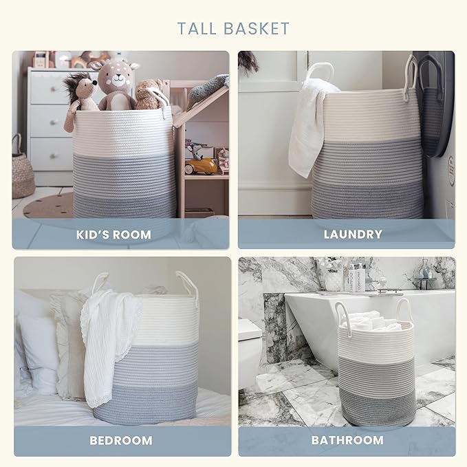 OrganiHaus Gray Nursery Laundry Basket 15x18 | Farmhouse Hamper Basket | Extra Large Storage Basket | Blanket Basket for Living Room | Baby Laundry Hamper | Toy Basket for Kids | Soft Pillow Basket-Ruum Studio Home
