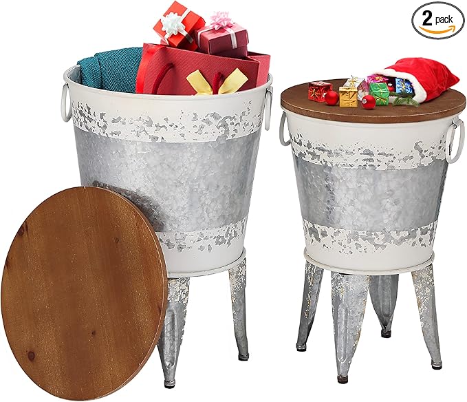 Rustic Storage Farmhouse Accent Side Table, Antique Galvanized Metal End Coffee Cocktail Table Box Bin with Round Wooden Lid Set of 2 (Distressed White)-Ruum Studio Home