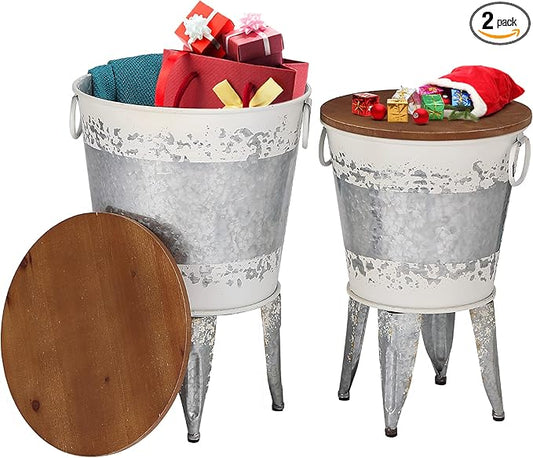 Rustic Storage Farmhouse Accent Side Table, Antique Galvanized Metal End Coffee Cocktail Table Box Bin with Round Wooden Lid Set of 2 (Distressed White)-Ruum Studio Home