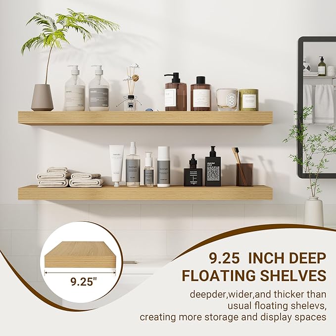 36 Inch Floating Shelves, 3D Textured Wood Grain, 36"x9.25"x1.5" Inch Deep Floating Shelves for Wall, Wooden Shelves for Bathroom, Bedroom, Living Room, Natural-Ruum Studio Home