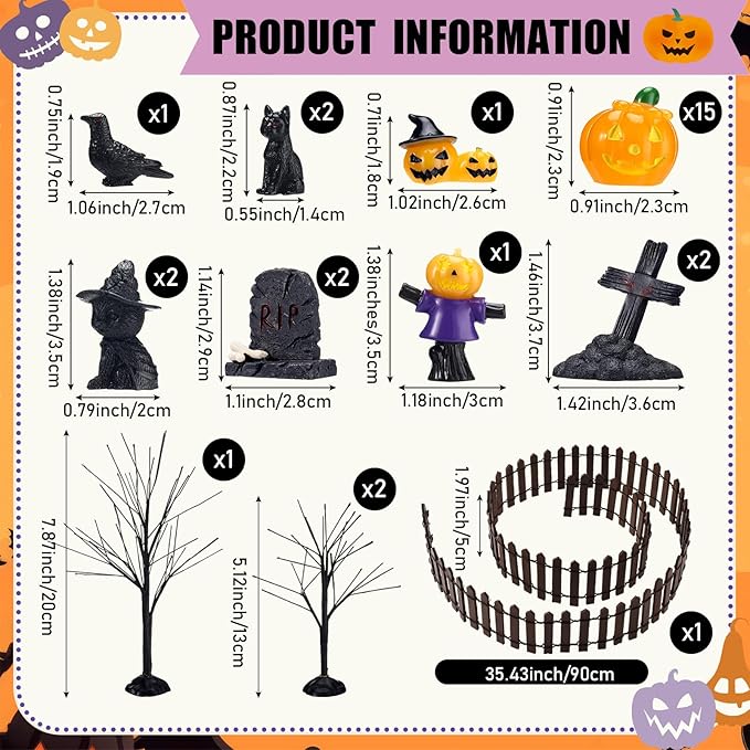 Wesiti 30 Pcs Halloween Village Accessories Set Miniature Halloween Figurines Village Trees Cat Pumpkin Tombstones Figurine Horror Miniature Accessories for Garden Decor-Ruum Studio Home