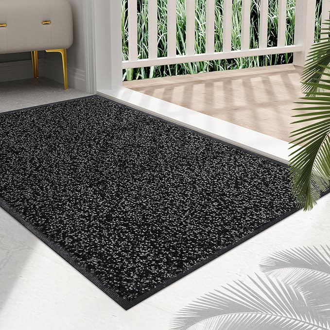 Mibao Front Door Mat, Dirt Trapper Welcome Mat for Outdoor Indoor, Non-Slip Waterproof Doormat, Durable Machine Washable Low Profile Entry Rug for Back Door Outside Patio Porch, 30" x 18", Black-Ruum Studio Home