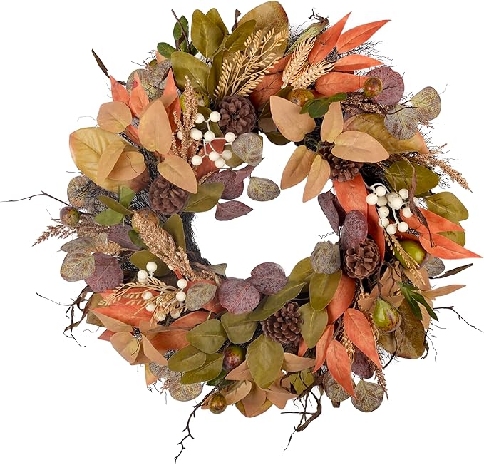 24" Fall Wreath for Front Door Handmade with Artificial Autumn Leaves, Natural Pinecones, Faux Berries and Wheat, Autumn Harvest Wreath Decoration for Home Farmhouse Door Wall Window Porch-Ruum Studio Home