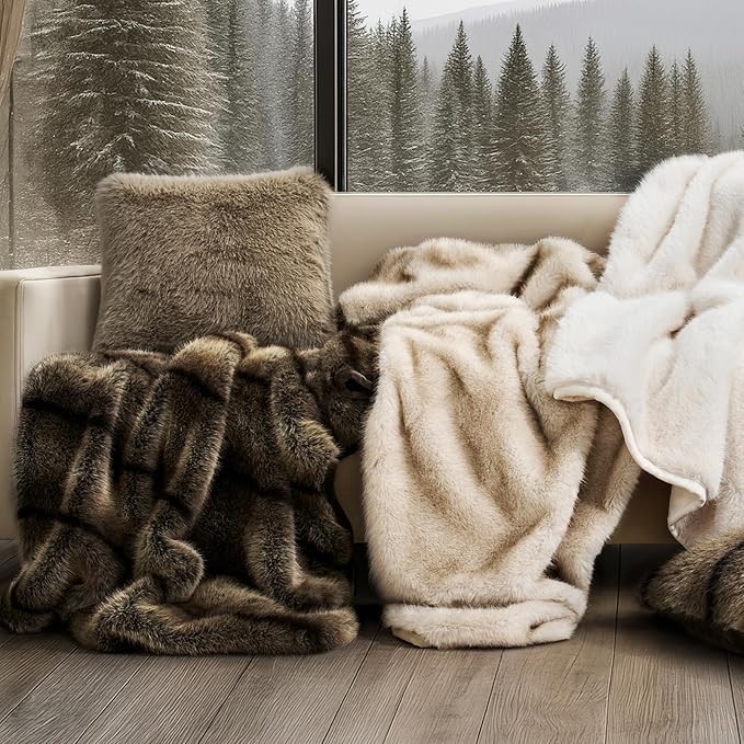 Luxury Faux Fur Throw Blanket, Soft Fluffy Faux Mink Blankets for Bed, Couch, Sofa, Thick Cozy Plush Warm Fur Throws with Reversible Velvet, Ombré Sable Brown, 50"x60"-Ruum Studio Home