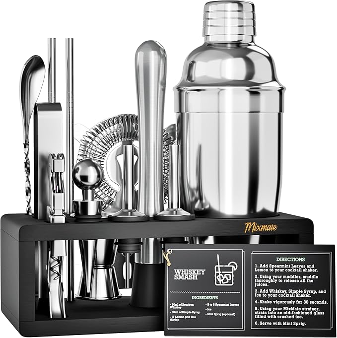 Mixology Bartender Kit with Stand - 15 Piece Bar Tool Set, Silver Bar Set Cocktail Shaker Set for Drink Mixing - Includes Martini Shaker, Jigger, Strainer, Bar Mixer Spoon, Tongs, Opener | Gift Idea-Ruum Studio Home