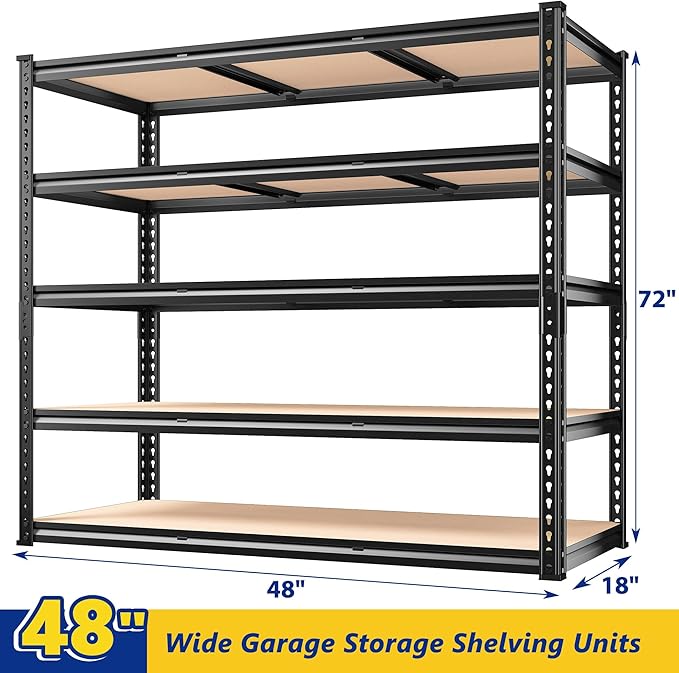 REIBII 48" W Garage Shelving Heavy Duty, 3000LBS Storage Shelves, 5-Tier Adjustable Metal Shelving, Garage Shelves Sturdy Industrial Shelf, Easy Assemble, 72" H x 48" W x 18" D-Ruum Studio Home