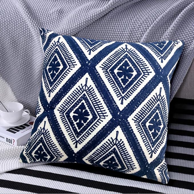 Alysheer Embroidered Decorative Throw Pillow Covers 18x18 inches Set of 2 Pieces, Boho Geometric Modern Chic Classic Pattern Cotton Cushion Cases for Sofa Couch Bed Living Room(Navy Blue)-Ruum Studio Home